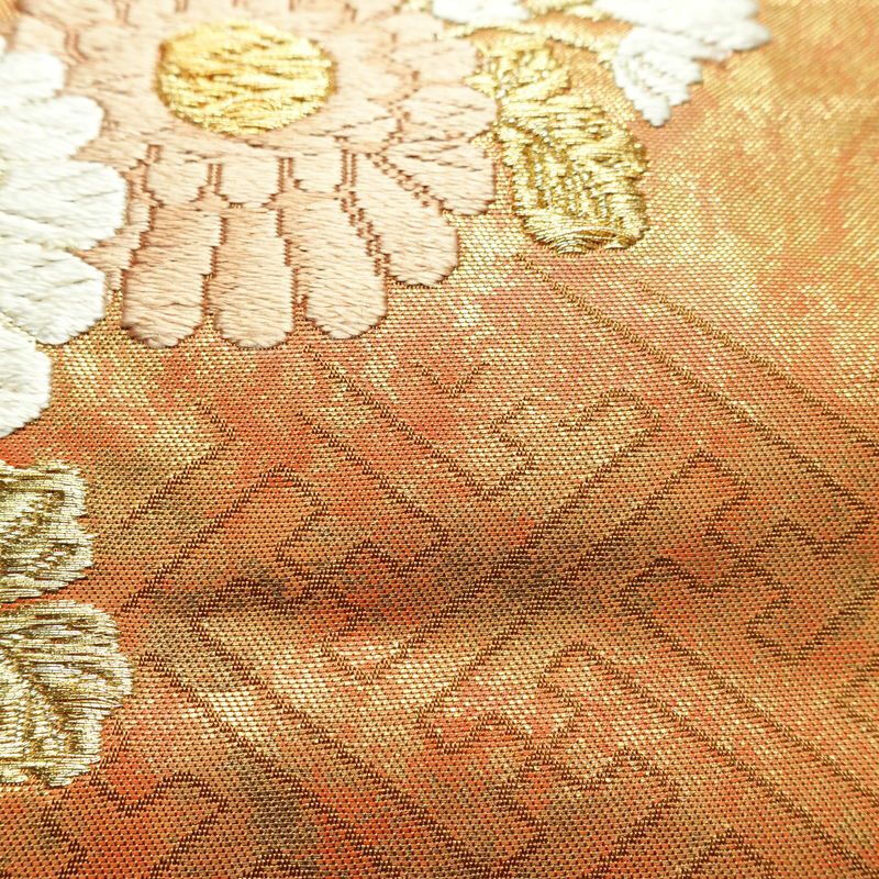 袋帯 太鼓柄 フォーマル用 正絹 花柄 箔 金糸 帯 茶_画像4