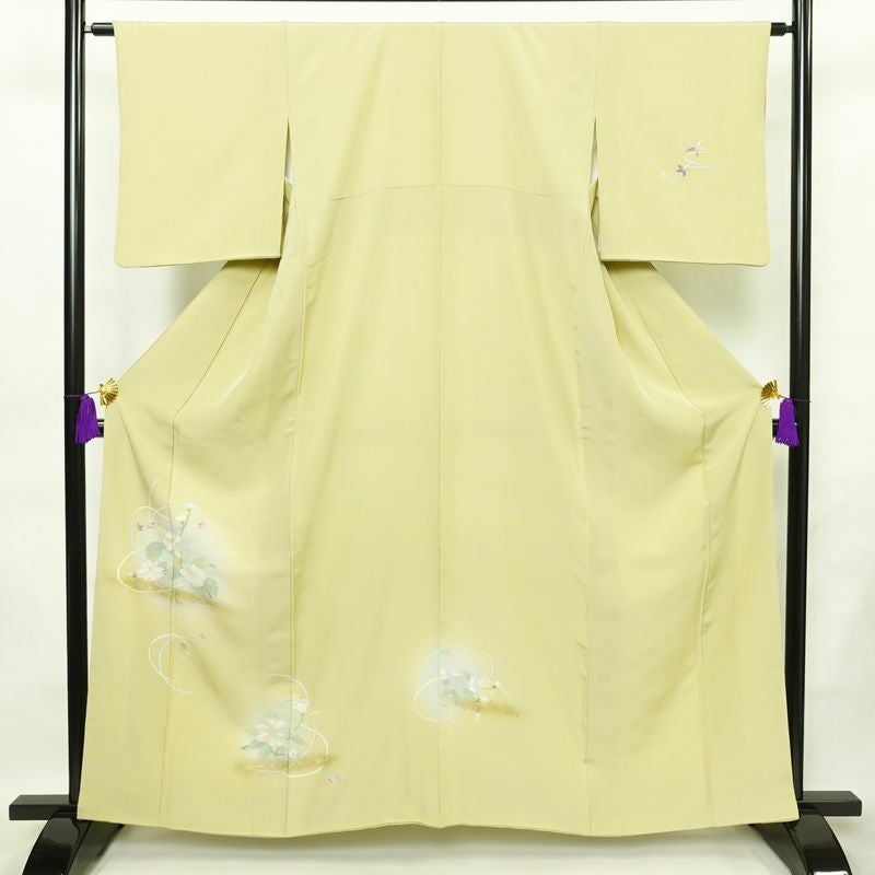 訪問着 良品 縮緬 正絹 花柄 袷仕立て 身丈161.5cm 裄丈63cm 箔 フォーマル 着物 クリーム_画像1