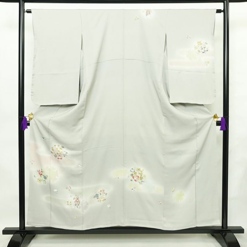 付け下げ しつけ糸付き 正絹 花柄 袷仕立て 身丈154cm 裄丈63cm 共八掛 金彩 フォーマル 着物 グレー_画像1