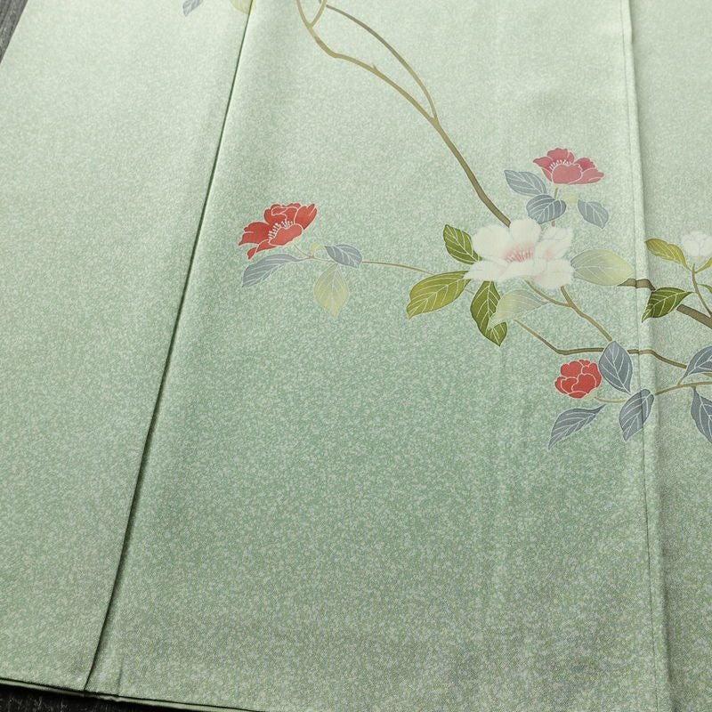 訪問着 縮緬 正絹 花柄 袷仕立て 身丈159cm 裄丈68cm フォーマル 着物 緑・うぐいす色_画像4