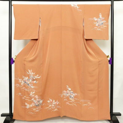 訪問着 縮緬 正絹 花柄 袷仕立て 身丈160.5cm 裄丈67cm 箔 フォーマル 着物 茶