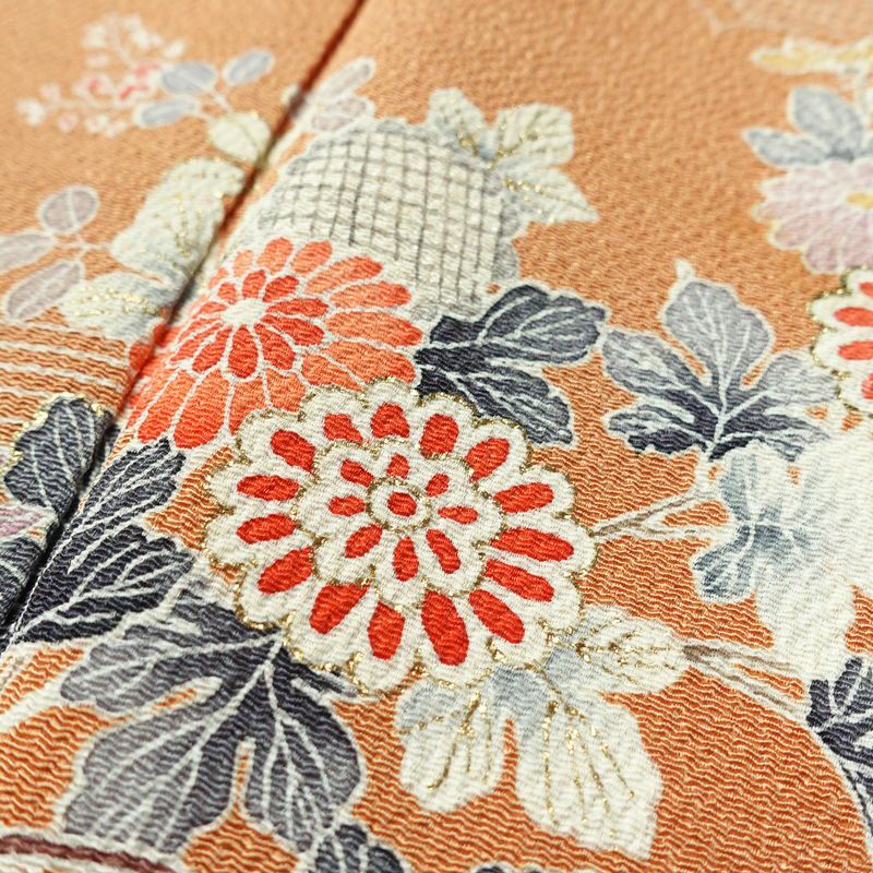 訪問着 縮緬 正絹 花柄 袷仕立て 身丈160.5cm 裄丈67cm 箔 フォーマル 着物 茶_画像7