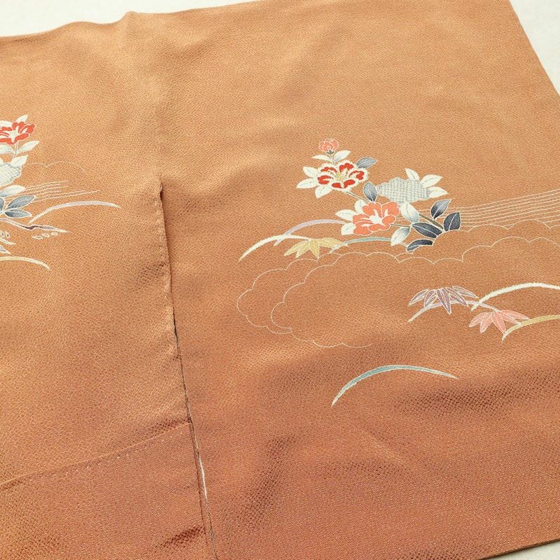 訪問着 縮緬 正絹 花柄 袷仕立て 身丈160.5cm 裄丈67cm 箔 フォーマル 着物 茶_画像14