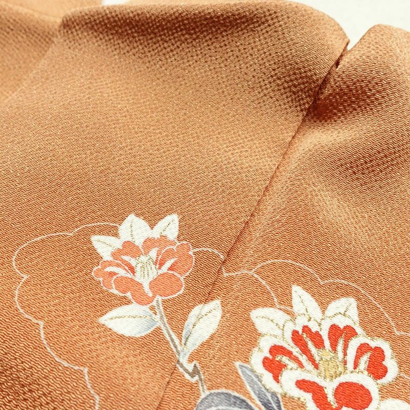 訪問着 縮緬 正絹 花柄 袷仕立て 身丈160.5cm 裄丈67cm 箔 フォーマル 着物 茶_画像16