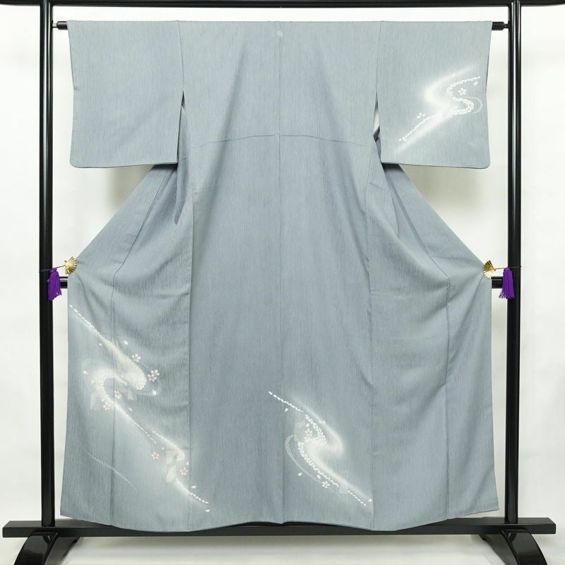 付け下げ 良品 一つ紋付き 正絹 花柄 袷仕立て 身丈155cm 裄丈63.5cm 箔 金彩 フォーマル 着物 青・紺_画像1