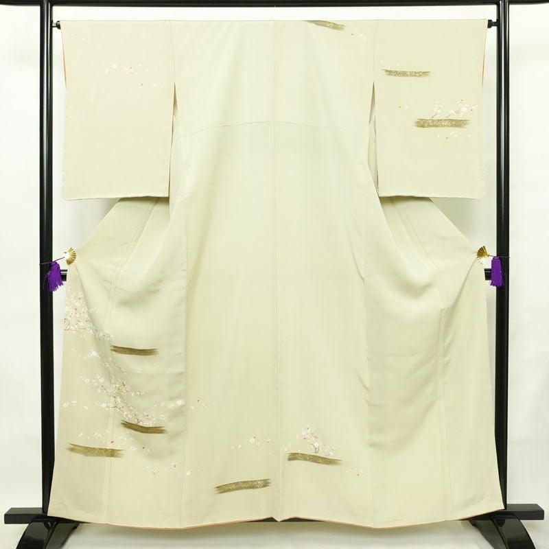 訪問着 良品 しつけ糸付き 金駒刺繍 正絹 花柄 袷仕立て 身丈159.5cm 裄丈65.5cm 箔 金彩 フォーマル 着物 緑・うぐいす色_画像1