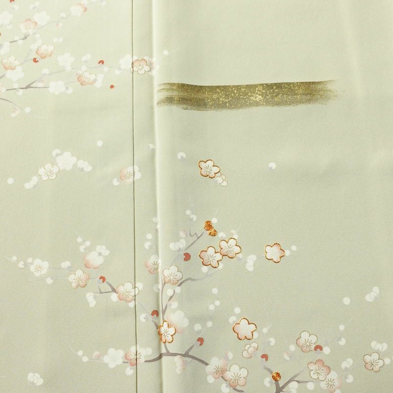 訪問着 良品 しつけ糸付き 金駒刺繍 正絹 花柄 袷仕立て 身丈159.5cm 裄丈65.5cm 箔 金彩 フォーマル 着物 緑・うぐいす色_画像6
