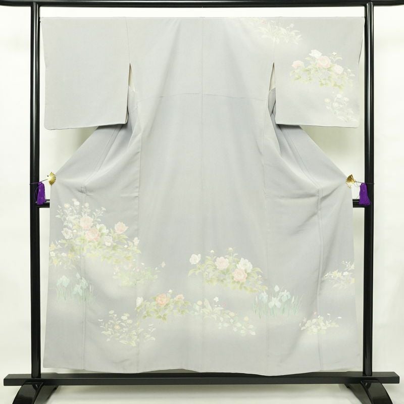 訪問着 縮緬 正絹 花柄 袷仕立て 身丈154cm 裄丈68cm フォーマル 着物 青・紺_画像1