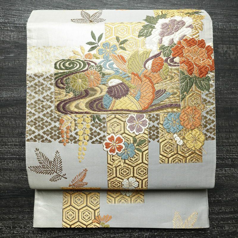 袋帯 本金二重箔 扇面花鳥 文六通柄 良品 フォーマル用 正絹 古典柄 箔