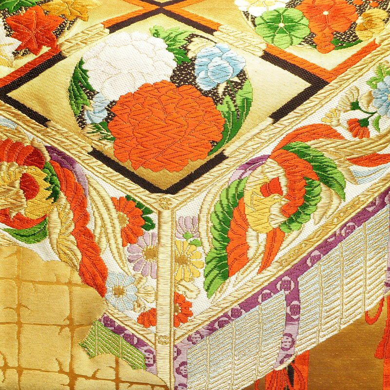 袋帯 王朝絵巻紋 六通柄 フォーマル用 正絹 古典柄 箔 金糸 銀糸 帯 橙_画像2