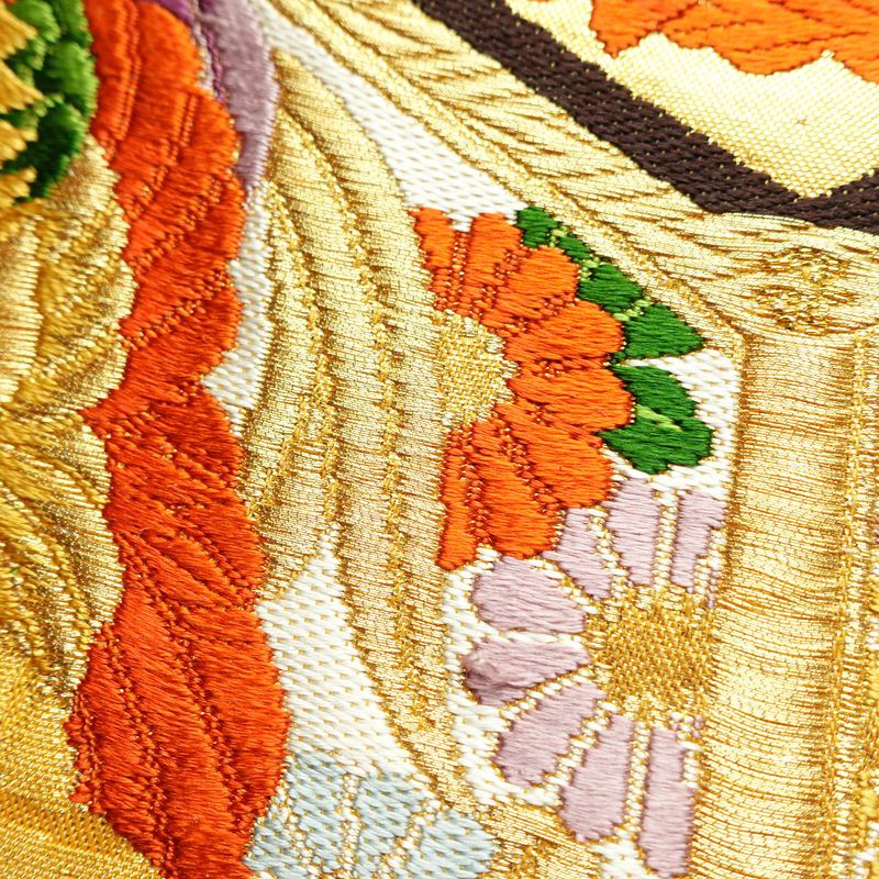 袋帯 王朝絵巻紋 六通柄 フォーマル用 正絹 古典柄 箔 金糸 銀糸 帯 橙_画像6