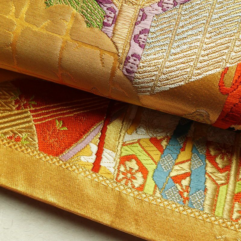 袋帯 王朝絵巻紋 六通柄 フォーマル用 正絹 古典柄 箔 金糸 銀糸 帯 橙_画像7