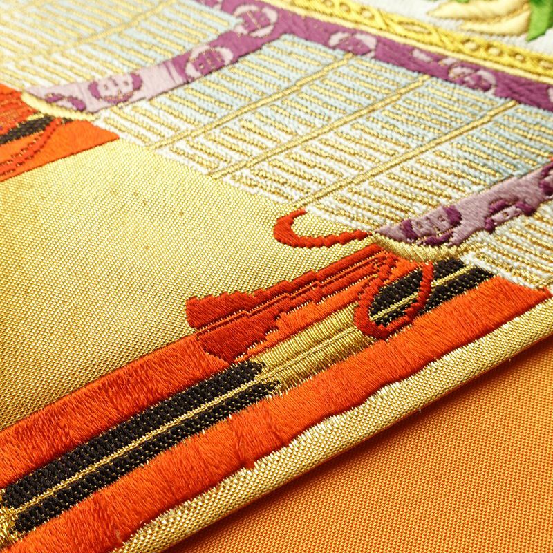 袋帯 王朝絵巻紋 六通柄 フォーマル用 正絹 古典柄 箔 金糸 銀糸 帯 橙_画像13