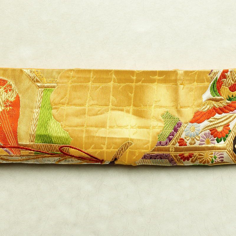 袋帯 王朝絵巻紋 六通柄 フォーマル用 正絹 古典柄 箔 金糸 銀糸 帯 橙_画像15