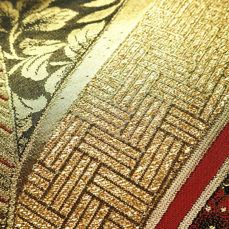 袋帯 線調花舞錦 六通柄 振袖用 正絹 古典柄 箔 金糸 銀糸 帯 黒_画像5