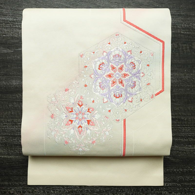 名古屋帯 太鼓柄 正絹 幾何学柄・抽象柄 名古屋仕立て 銀糸 帯 白_画像1