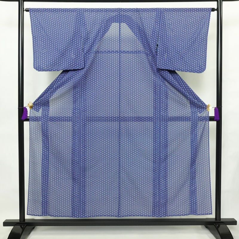 盛夏 小紋 絽 良品 夏用 ポリエステル 麻の葉柄 単衣仕立て 身丈155.5cm 裄丈64.5cm 着物 青・紺_画像1