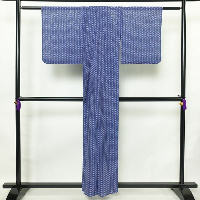 盛夏 小紋 絽 良品 夏用 ポリエステル 麻の葉柄 単衣仕立て 身丈155.5cm 裄丈64.5cm 着物 青・紺_画像2