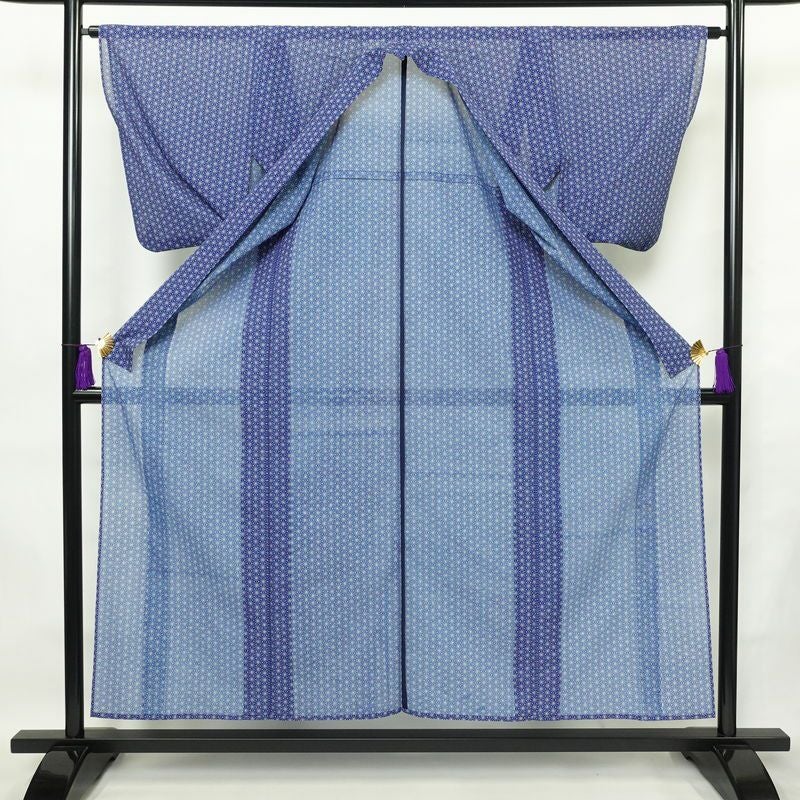 盛夏 小紋 絽 良品 夏用 ポリエステル 麻の葉柄 単衣仕立て 身丈155.5cm 裄丈64.5cm 着物 青・紺_画像3