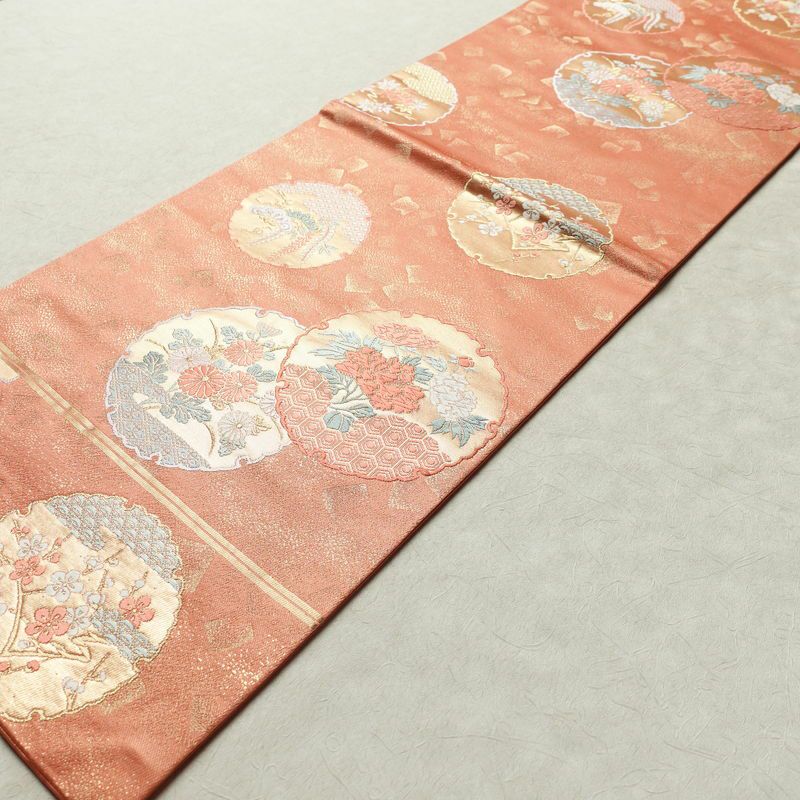 名古屋帯 六通柄 美品 正絹 古典柄 名古屋仕立て 帯 サーモンピンク ピンク_画像8