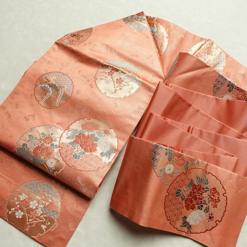 名古屋帯 六通柄 美品 正絹 古典柄 名古屋仕立て 帯 サーモンピンク ピンク_画像17