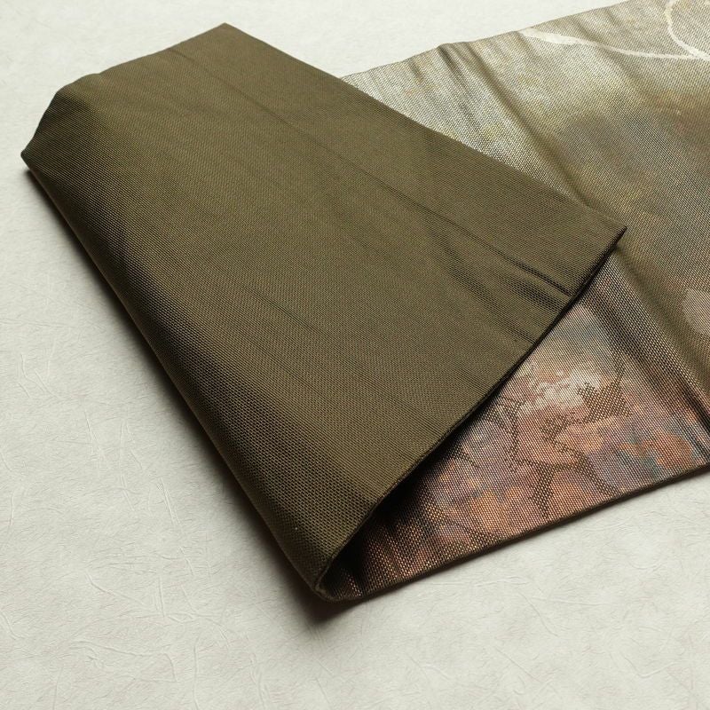 名古屋帯 六通柄 正絹 名古屋仕立て 箔 カーキ 帯 緑・うぐいす色 古典柄_画像9