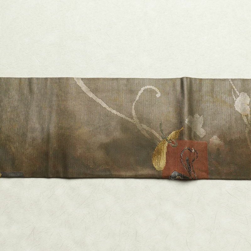 名古屋帯 六通柄 正絹 名古屋仕立て 箔 カーキ 帯 緑・うぐいす色 古典柄_画像13