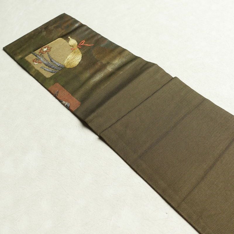 名古屋帯 六通柄 正絹 名古屋仕立て 箔 カーキ 帯 緑・うぐいす色 古典柄_画像16