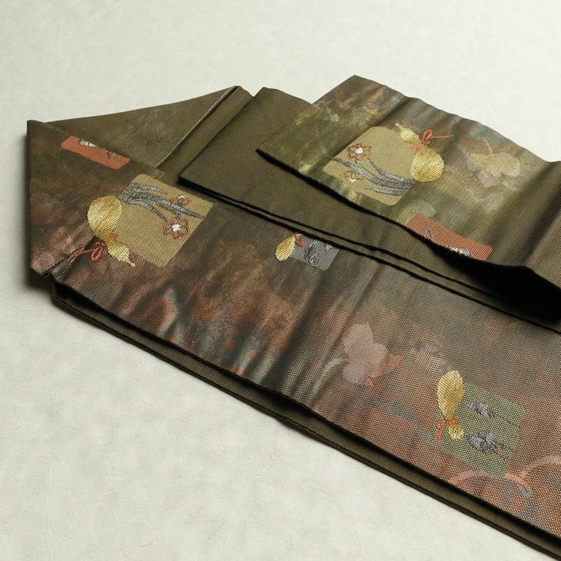 名古屋帯 六通柄 正絹 名古屋仕立て 箔 カーキ 帯 緑・うぐいす色 古典柄_画像20