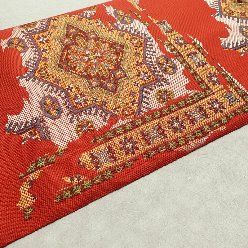 名古屋帯 六通柄 美品 正絹 幾何学柄・抽象柄 名古屋仕立て 帯 赤・朱_画像12