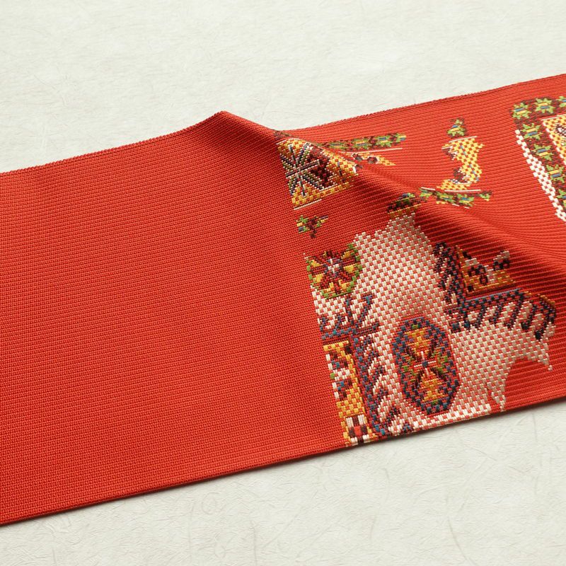 名古屋帯 六通柄 美品 正絹 幾何学柄・抽象柄 名古屋仕立て 帯 赤・朱_画像15