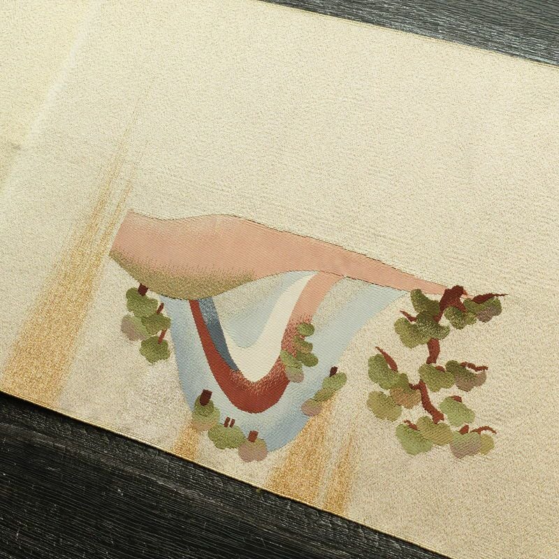 名古屋帯 つづれ織 太鼓柄 正絹 風景柄 通し仕立て 金糸 帯 ベージュ_画像14