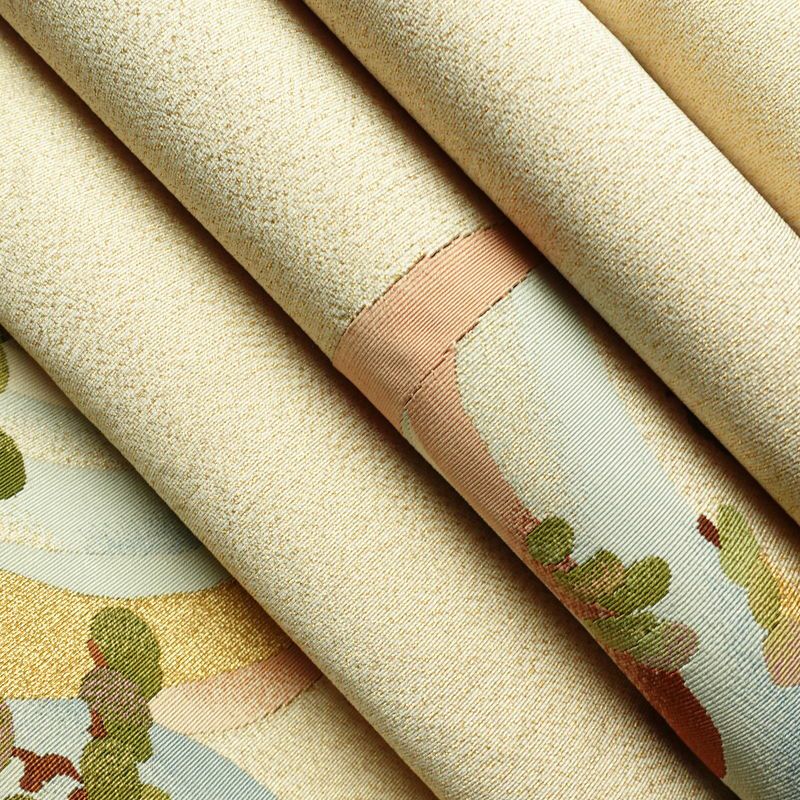 名古屋帯 つづれ織 太鼓柄 正絹 風景柄 通し仕立て 金糸 帯 ベージュ_画像19