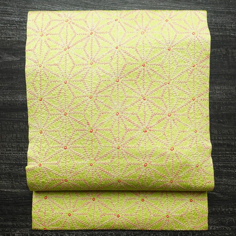 名古屋帯 全通柄 絞り 正絹 麻の葉柄 名古屋仕立て 帯 緑・うぐいす色_画像1