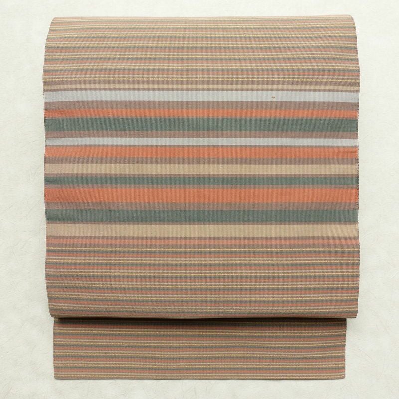 名古屋帯 六通柄 正絹 縞柄・線柄 松葉仕立て 帯 小豆・エンジ_画像1