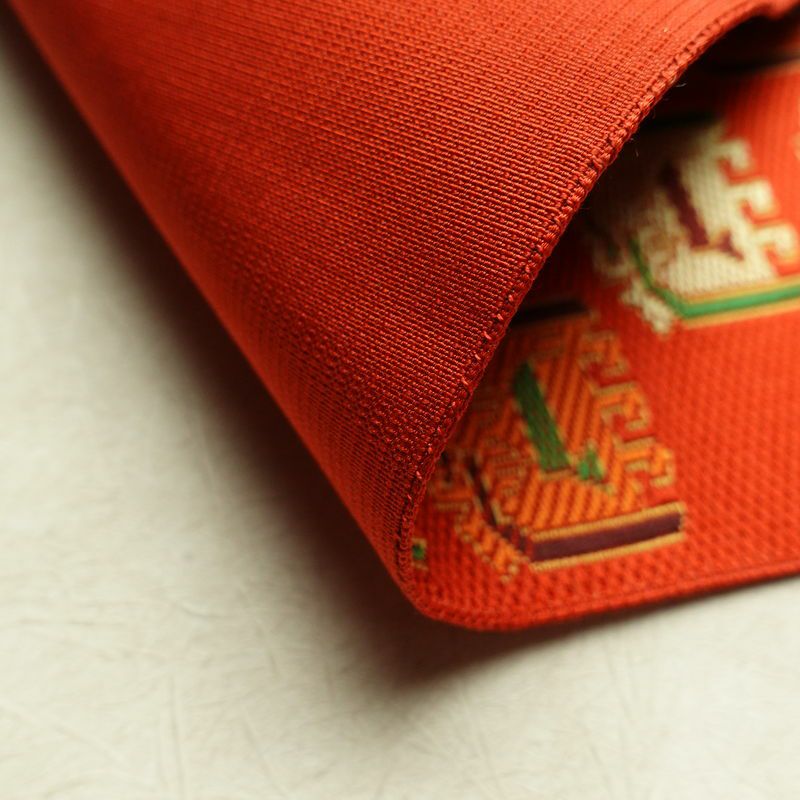 名古屋帯 六通柄 良品 正絹 幾何学柄・抽象柄 名古屋仕立て 帯 橙_画像10