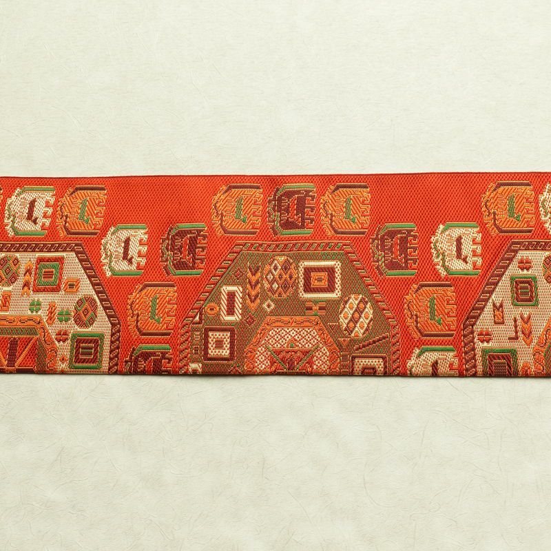 名古屋帯 六通柄 良品 正絹 幾何学柄・抽象柄 名古屋仕立て 帯 橙_画像13