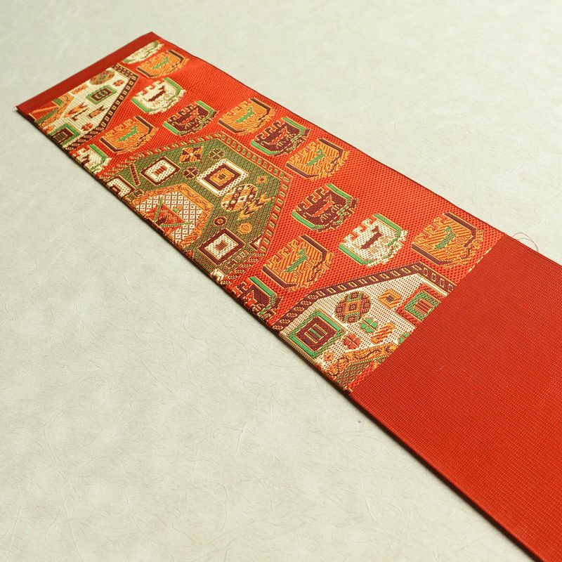 名古屋帯 六通柄 良品 正絹 幾何学柄・抽象柄 名古屋仕立て 帯 橙_画像16