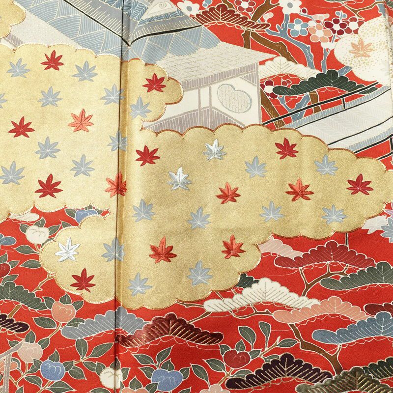 訪問着 金駒刺繍 正絹 古典柄 袷仕立て 身丈151cm 裄丈63.5cm 箔 刺繍 金彩 フォーマル 着物 赤・朱_画像6