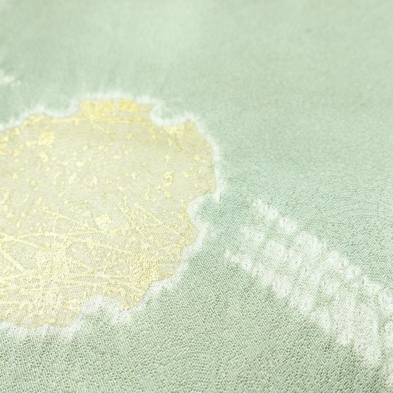 訪問着 良品 絞り 金駒刺繍 一つ紋付き 正絹 木の葉・植物柄 袷仕立て 身丈158cm 裄丈67.5cm 箔 刺繍 金彩 フォーマル 着物 入学式 卒業式 結婚式 緑・うぐいす色_画像9