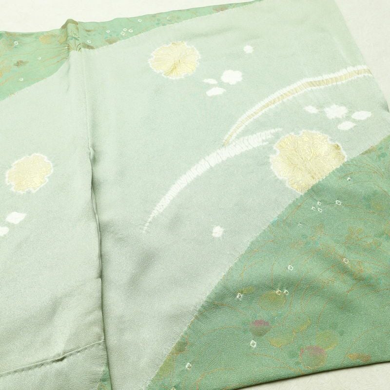 訪問着 良品 絞り 金駒刺繍 一つ紋付き 正絹 木の葉・植物柄 袷仕立て 身丈158cm 裄丈67.5cm 箔 刺繍 金彩 フォーマル 着物 入学式 卒業式 結婚式 緑・うぐいす色_画像16