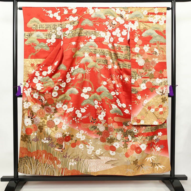 振袖 長襦袢セット 良品 金駒刺繍 正絹 古典柄 蝶 金彩 袷仕立て 身丈