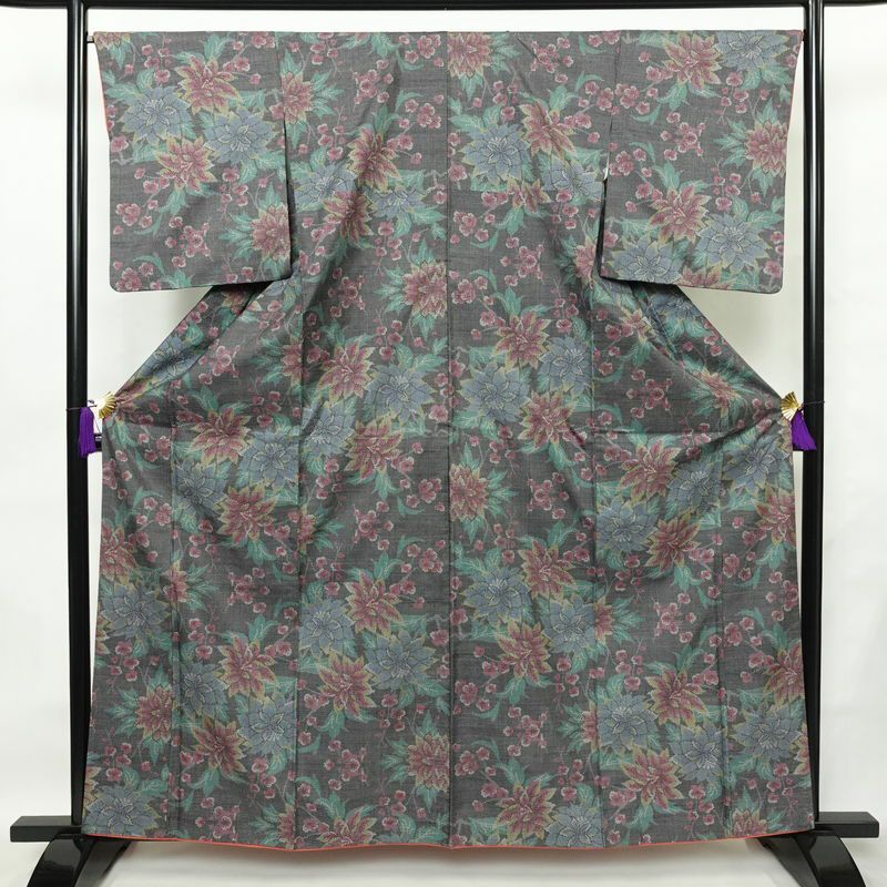 大島紬 証紙なし 正絹 花柄 袷仕立て 身丈162cm 裄丈66.5cm 着物