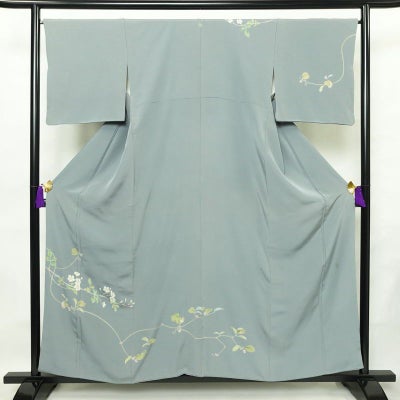 訪問着 落款入り 縮緬 一つ紋付き 正絹 木の葉・植物柄 袷仕立て 身丈157cm 裄丈66cm 共八掛 フォーマル 友禅 着物 入学式 卒業式 作家物 青・紺