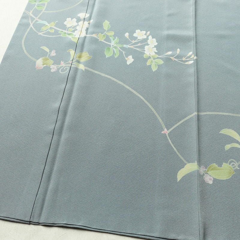 訪問着 落款入り 縮緬 一つ紋付き 正絹 木の葉・植物柄 袷仕立て 身丈157cm 裄丈66cm 共八掛 フォーマル 友禅 着物 入学式 卒業式 作家物 青・紺_画像4