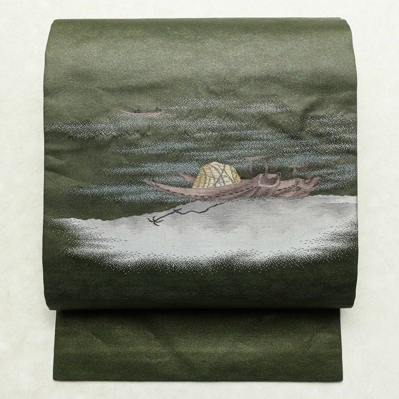 名古屋帯 なごや帯 太鼓柄 美品 正絹 風景柄 名古屋仕立て 金通し 舟 釣り シンプル 未使用品 帯 緑・うぐいす色_画像1