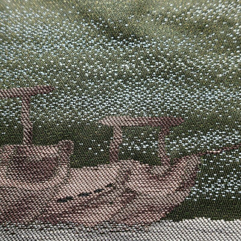 名古屋帯 なごや帯 太鼓柄 美品 正絹 風景柄 名古屋仕立て 金通し 舟 釣り シンプル 未使用品 帯 緑・うぐいす色_画像5