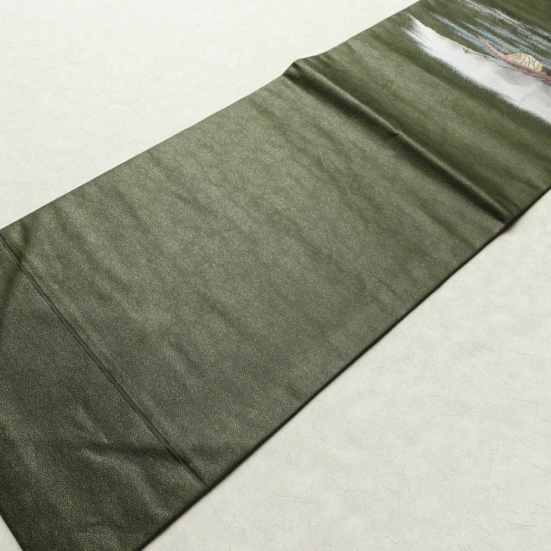 名古屋帯 なごや帯 太鼓柄 美品 正絹 風景柄 名古屋仕立て 金通し 舟 釣り シンプル 未使用品 帯 緑・うぐいす色_画像9