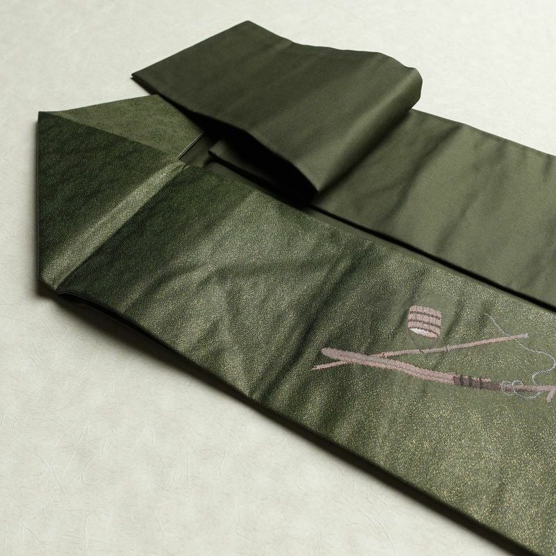 名古屋帯 なごや帯 太鼓柄 美品 正絹 風景柄 名古屋仕立て 金通し 舟 釣り シンプル 未使用品 帯 緑・うぐいす色_画像21