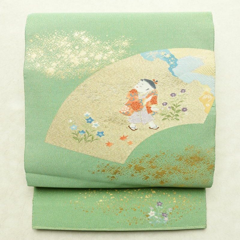 袋帯 つづれ織 太鼓柄 美品 フォーマル用 正絹 人物・動物柄 箔 帯 入学式 卒業式 パステルカラー 金通し 緑・うぐいす色_画像1